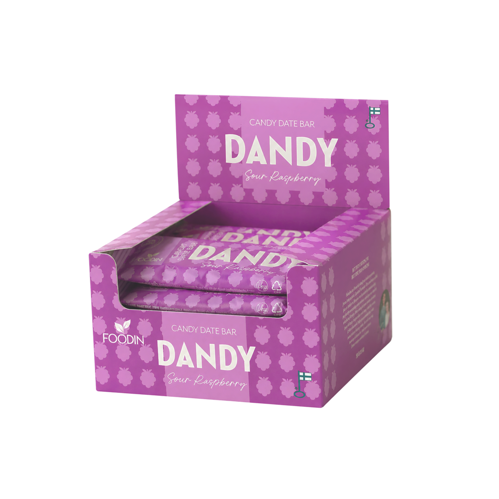 Dandy Candy Date Bar Sour Raspberry 35g x 18kpl – kirpeä vadelma karkkitaatelipatukka displaylaatikossa